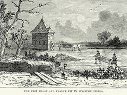 The pest house and Plague Pit in Finsbury Fields during the Great Plague of London 1665 to 1666