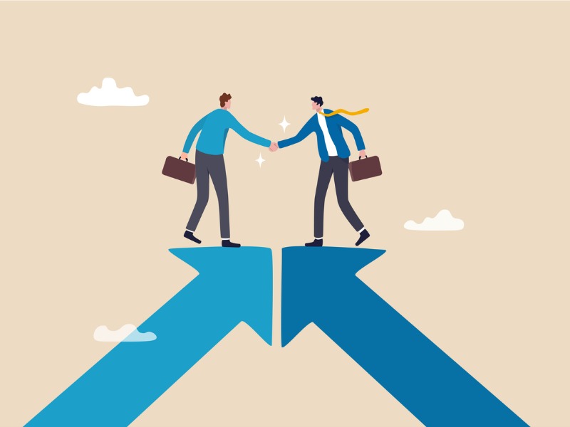 Illustration of two people shaking hands on two upward arrows