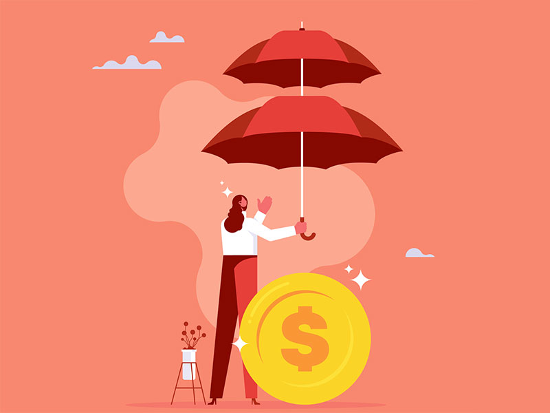 woman with umbrellas protecting money