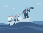 Discovering new business opportunities and investments, Vision and goal setting, Business team is rowing boat with binoculars standing in paper boat and looking forward, Vector design illustration.