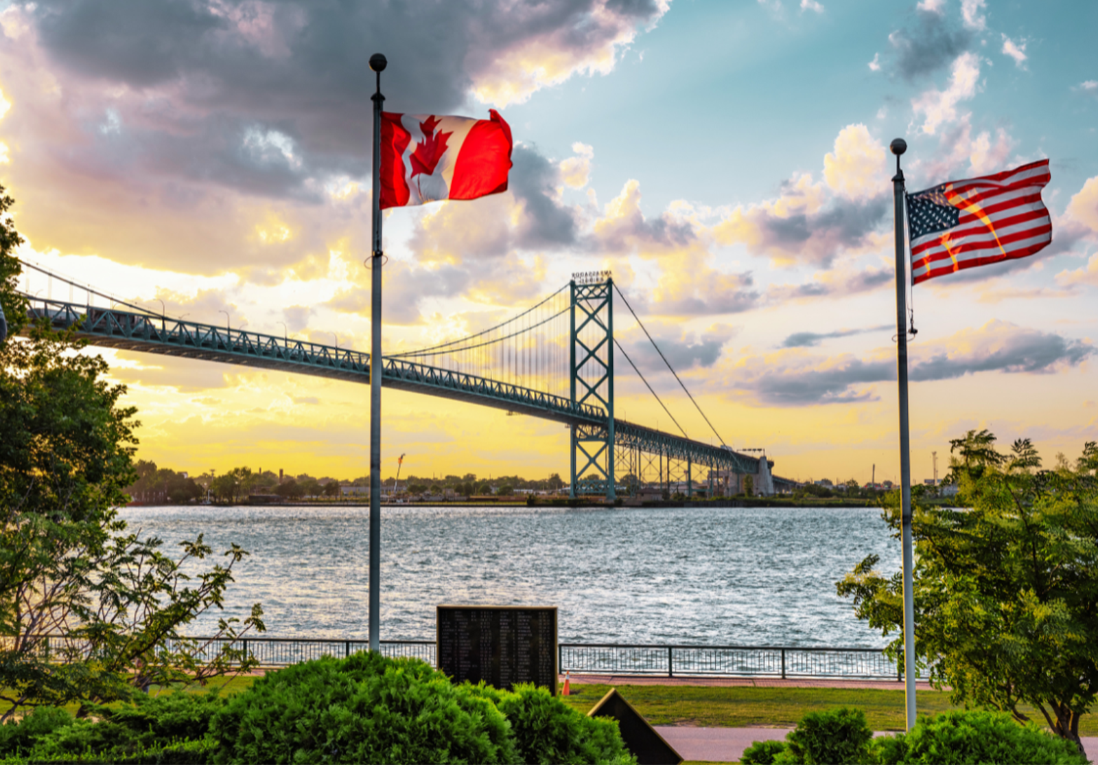 An image of the Ambassador Bridge connecting the Canadian and US borders.